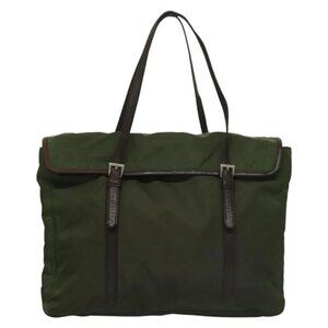 PRADA Tote Bag Nylon Khaki Silver Auth
